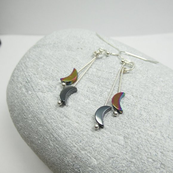 Hematite Moon dangle Earrings - Picture 9 of 9